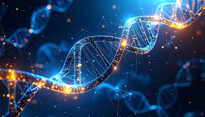 A glowing DNA double helix model floats against a dark blue background, with connecting lines and particles