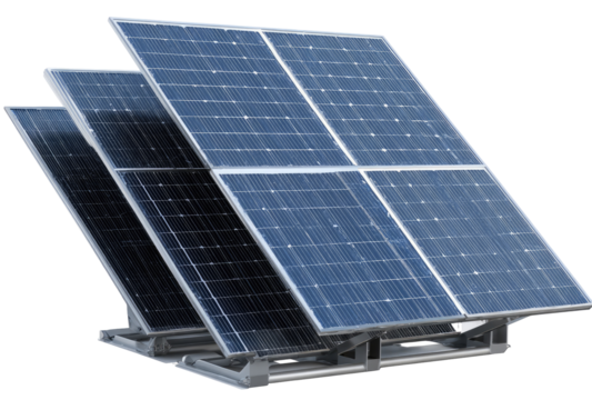 Multiple solar panels mounted on a adjustable stand, angled to maximize sunlight exposure