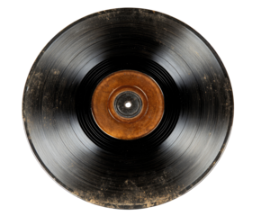 Top-down view of a dirty vinyl record.  Dark, dusty record with a central, slightly worn, tan-colored label.  Circular, black vinyl with visible imperfections