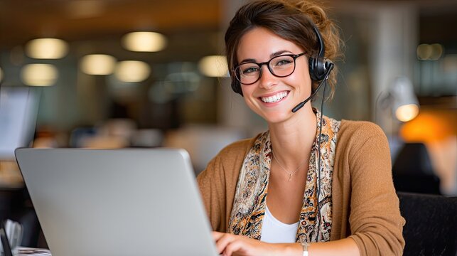 Efficiency and Assistance: A cheerful customer service representative, equipped with a headset, focuses on their work with a laptop, embodying helpfulness and productivity.