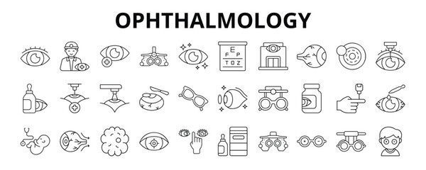 30 Ophthalmology Line Icons Vector - Vision Care, Eye Health, Retina Specialist, Eyewear, Ocular Oncology, Optic Nerve, Trial Frame