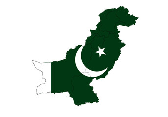 Pakistan flag map green with white stripe crescent and star