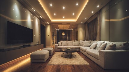 Cozy Contemporary Living Room at Night with Ambient LED Lights