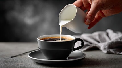 Creamy Pour: A hand delicately pours fresh cream into a steaming cup of coffee, creating a moment of calm and indulgence. A photorealistic representation of a simple pleasure.