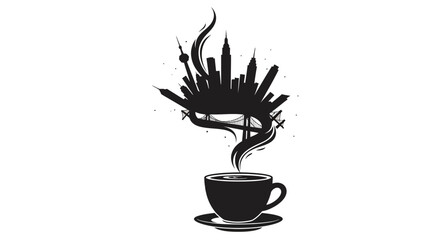 A black silhouette of a steaming cup of coffee with a city skyline emerging from the smoke, symbolizing International Coffee Day on a white background.