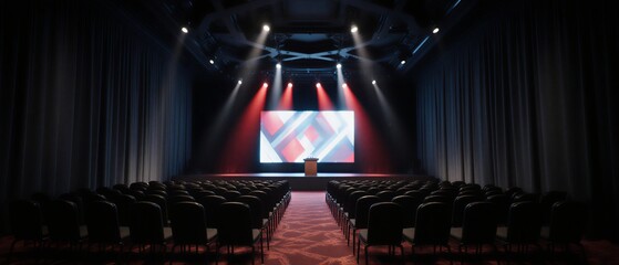 modern conference room with detailed stage lighting and empty seating arrangement for event | business, corporate, events, meeting, technology theme