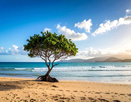 Tropical beach scene with lone tree