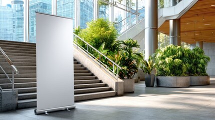 Empty Banner in Modern Business Space: A blank roll-up banner stands ready for display in a modern office setting, offering a versatile platform for any message.