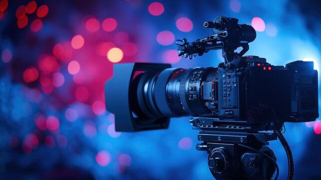 Professional video camera with vibrant bokeh background - Powered by Adobe
