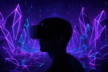 Futuristic neon purple and cyan geometric landscape with crystalline structures creating immersive virtual reality environment backdrop