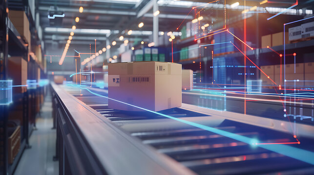 Automated warehouse with smart logistics system and digital tracking overlay