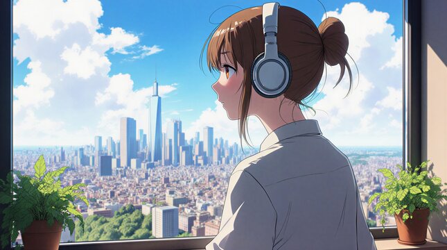 young woman enjoying music with a cityscape view from a high-rise apartment window | relaxation, urban, leisure, youth, view theme