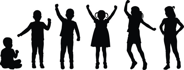 Silhouettes of happy children standing, sitting, jumping, celebrating with raised hands, joyful kids, playful childhood moments, vector illustration.