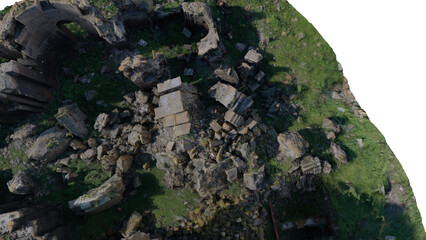 destroyed medieval castle rubble  bricks all around and nature