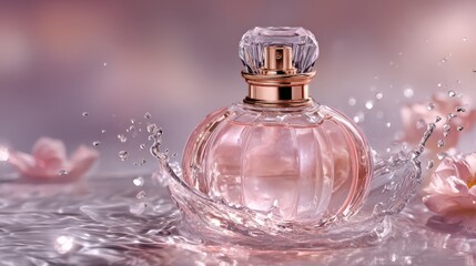 Dreamy Pink Crystal Perfume Bottle with Rose-Gold Accents and Water Splash