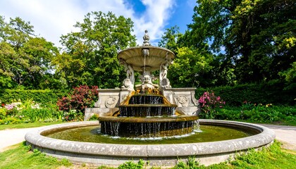 Ornate tiered fountain in a lush garden setting on a sunny day