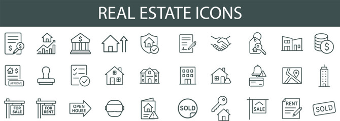 Real Estate Icon Set for Property Listings, Contracts, and Housing Market UI Design
