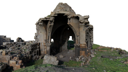 destroyed medieval castle rubble  bricks all around and nature