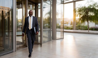 A professional photo of a businessman entering a corporate building for a client meeting, holding a folder