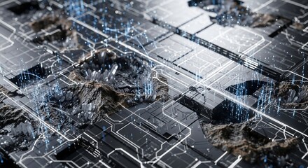 Obraz premium Abstract technology landscape with circuitry and natural rock formations