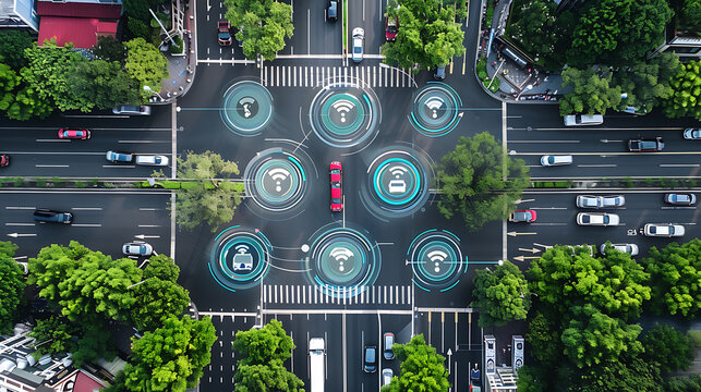 Aerial view of a smart city intersection with connected vehicles and communication signals