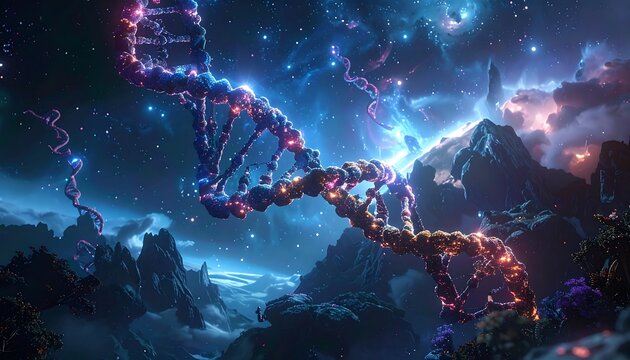 A glowing DNA strand entwines across a cosmic landscape, nestled amidst mountains, stars, and celestial energy - Powered by Adobe