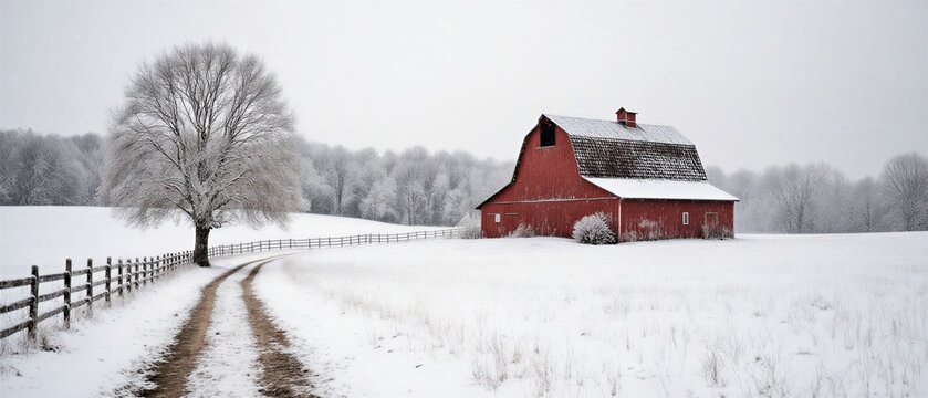 snowy landscape featuring a vibrant red barn on a frosty winter morning | winter, countryside, holiday, rustic, farm theme