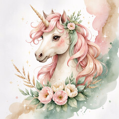 handmade watercolor unicorn with floral crown and pink mint mane surrounded by botanical peony and green leaves animal fantasy character botanical floral illustration for card or nursery design