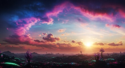 Obraz premium Explore a stunning alien landscape with vibrant glowing flora and a breathtaking sunset sky