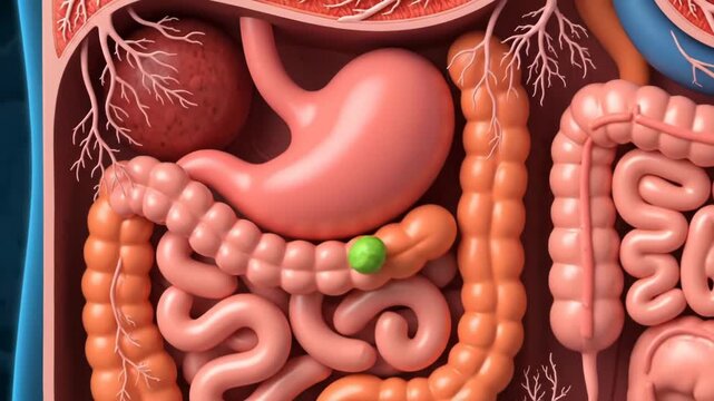 Human digestive system showing stomach, intestines, and other organs in anatomical detail, highlighting the complexity of the human body.