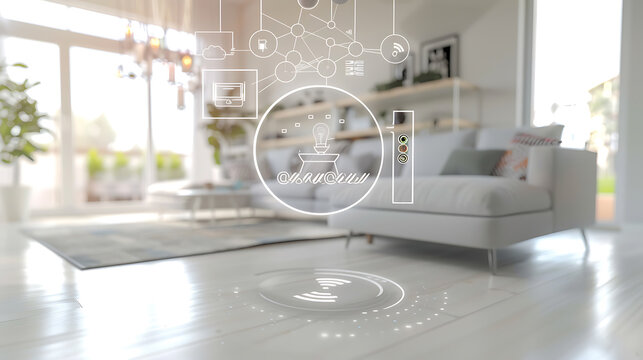 Smart home interior with digital interface overlay showing connected devices and automation system