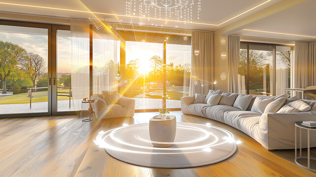 Modern living room with large windows, sunlight streaming in, and smart home features highlighted by glowing interface elements