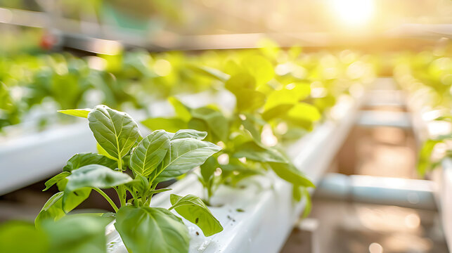 Green leafy plants growing in hydroponic channels under natural sunlight in a greenhouse setting