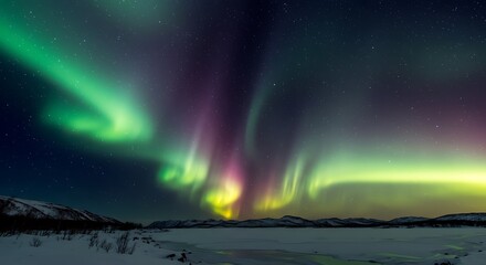 Naklejka premium Stunning aurora borealis dancing across a starry night sky over a snowy landscape