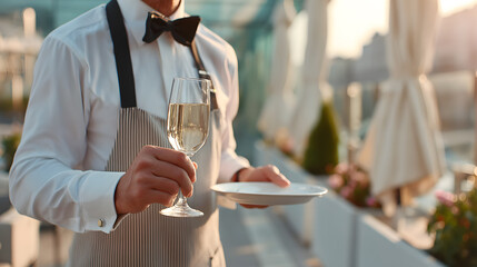 Elegant waiter serving wine glass and plate