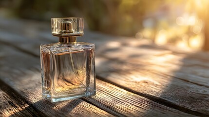 Outdoor perfume bottle on a table with driftwood, soft light
