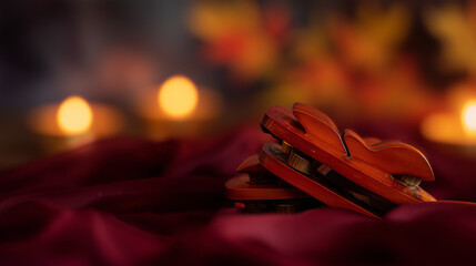castanets. Traditional castanets resting on crimson silk, glowing with candlelight and autumn foliage behind. representing seasonal cycles and harvest abundance.