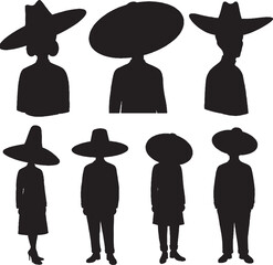 Black Silhouettes of People Wearing Diverse Hats and Attire Collection