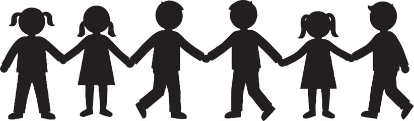 Children Holding Hands Silhouettes, Group of Boys and Girls Unity