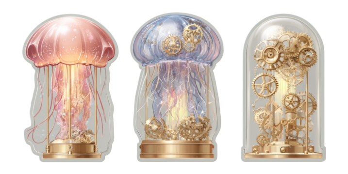 Artistic Steampunk Jellyfish Inside Glass Domes on Transparent Background