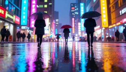 Rainy City Night Silhouettes of People with Umbrellas Walking Along a Neon-Lit Street