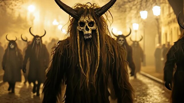 Krampusnacht procession at night, featuring horned, masked figures in the fog.