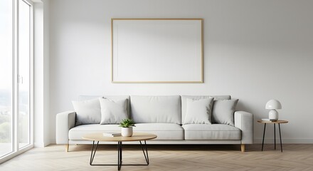 Mock up poster frame above light grey sofa in minimalist modern living room background, round natural wooden coffee table with small succulent and cozy atmosphere, 3d render