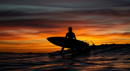 Silhouette of a surfer sitting on a board at sunset