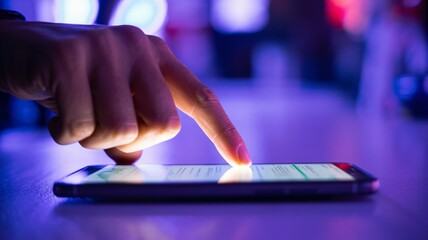 Person's finger interacting with smartphone screen in moody blue light