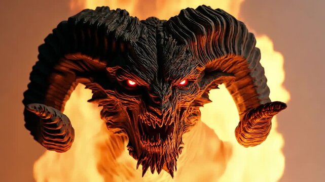 Menacing demon head with glowing eyes surrounded by flames, fantasy concept.