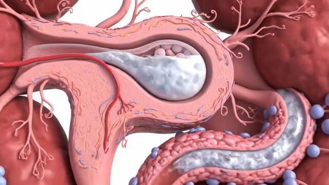 Uterus showing fibroids and cysts with detailed anatomical structure, highlighting female reproductive health and potential medical conditions in a clinical setting.