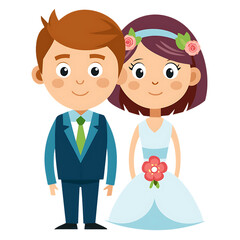 Cartoon bride and groom couple isolated on transparent background