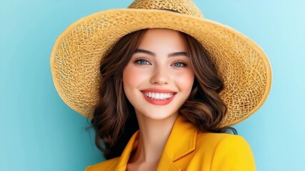 Cheerful woman smile wearing yellow straw hat and yellow jacket, blue background, brunette fashion, summer style, happiness, beauty - Powered by Adobe