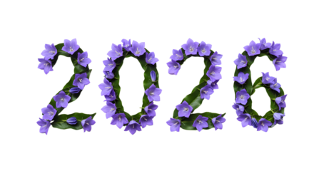 2026 made of purple bellflowers forming numbers isolated on black background, floral text perfect for seasonal events and holiday graphics